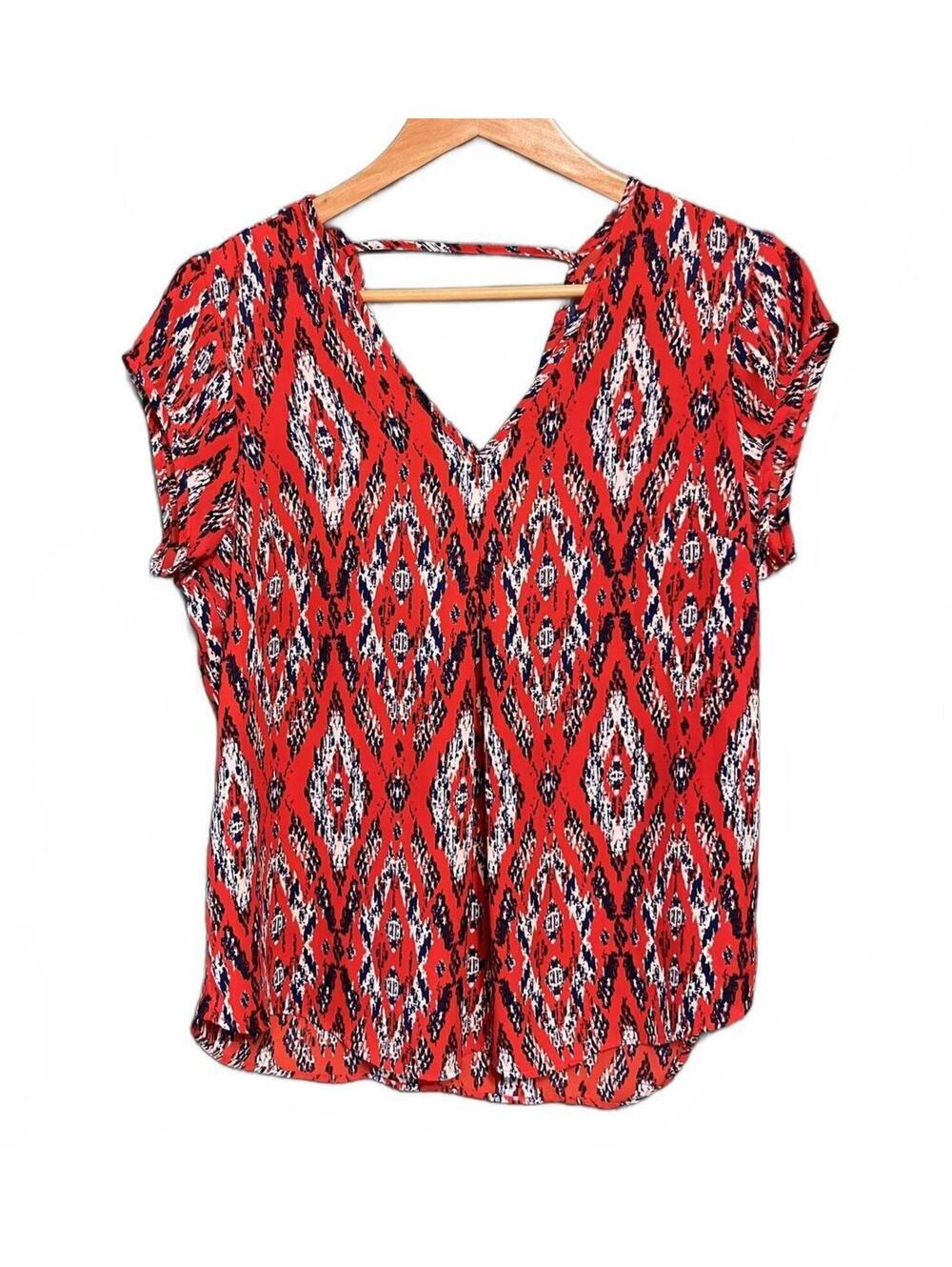 DR2 by Daniel Rainn Red Ikat Double V-Neck Blouse Size M Geometric Boho Chic Top
